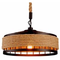 Industrial Rétro Loft Lámpara de Suspensión - 40cm (Ø) Negro, Hierro con Cuerda de Heno para Salón Cocina Restaurant Bar