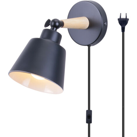 Wandlampe mit Schalter und Stecker, Modern aus Eisen Holz Wandleuchte Verstellbare für Wohnzimmer Schlafzimmer Flur Treppenhaus - Schwarz