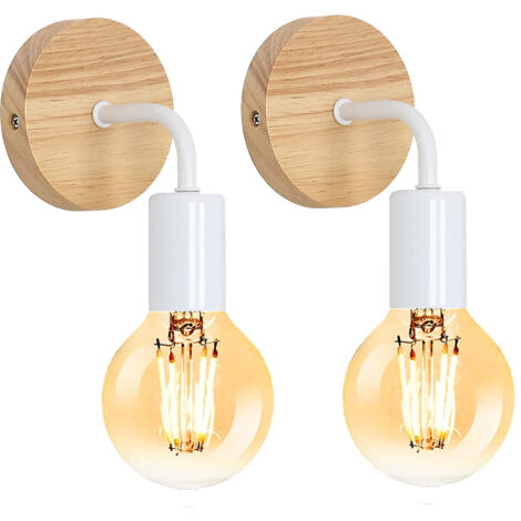 Wandlampe Vintage aus Holz Metall Wandleuchte Schlichte E27 Industrielle für Flur Wohnzimmer Schlafzimmer Esszimmer - Ohne Leuchtmittel (2er Weiß)