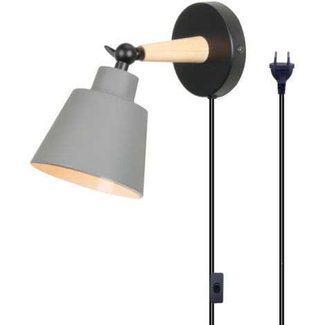 Wandlampe mit Schalter und Stecker, Modern aus Eisen Holz Wandleuchte Verstellbare für Wohnzimmer Schlafzimmer Flur Treppenhaus - Grau