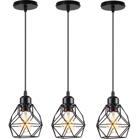 Lampadario a Sospensione Industriale in Metallo Ferro Lampada a Sospensione Regolabile E27 Retrò per Sala da Pranzo, Cucina, Soggiorno, Bar - 3x Nero