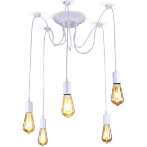 Lampadario a Sospensione E27 Bianca 5 Luci, Lampada da Soffitto Creativo DIY per Soffitto Sala da Pranzo Soggiorno Cucina Bar (1.5m Regolabile)