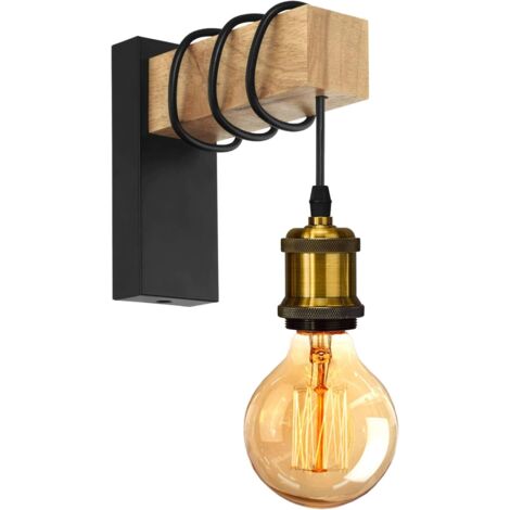 Applique da Parete Interno Vintage E27 Industriale Metallo Legno Lampada da Parete per Camera da Letto Corridoio Soggiorno