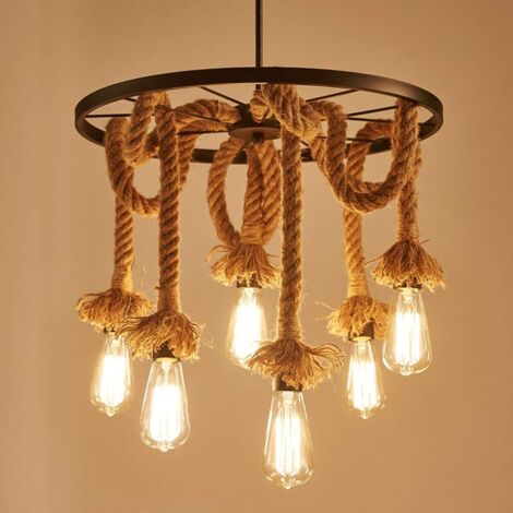 6 Luci Lampadario a Sospensione Industriale Vintage Canapa Corda E27 Altezza Regolabile Lampada da Soffitto per Sala da Pranzo, Sala, Bar, Caffè (1/4)