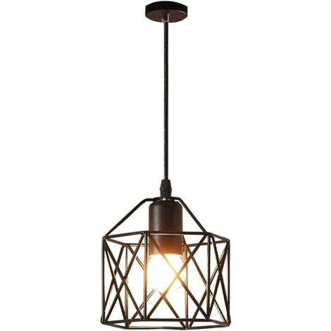 Lampada a Sospensione Vintage E27 in Metallo Gabbia Lampadario a Sospensione Esagono Industriale per Cucina, Sala da Pranzo, Soggiorno (Nero)