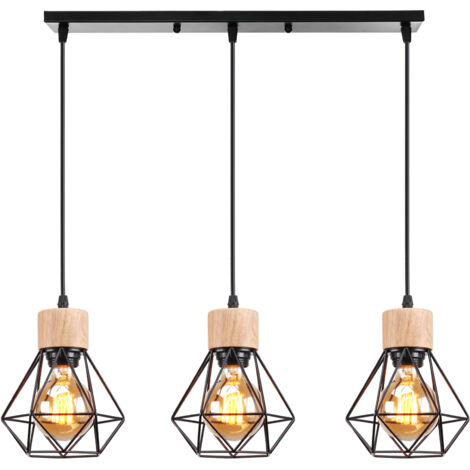 3 Luce Lampada a Sospensione Vintage Interno, Lampada da Soffitto Legno Metallo E27 Altezza Regolabile per Salotto, Camera da Letto, Cucina (Nero)
