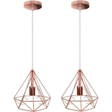 STOEX Lustre Suspension Cage Fer forme Diamant 25CM, Lampe Suspendue Vintage E27 Eclairage pour Salon Restaurant Chambre Décor - 2x Or