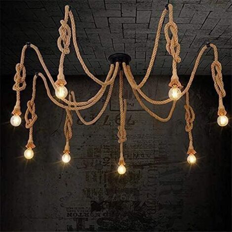 Lampada a Sospensione in Corda di Canapa Vintage Lampada da Soffitto con 8 Luci E27 200cm Regolabile per Soggiorno, Cucina, Bar, Caffè, Ristorante
