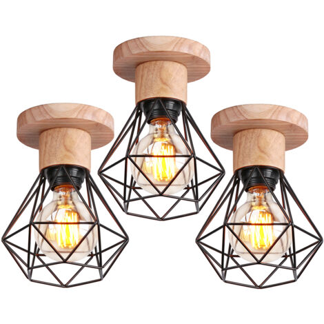 3x Lampada da Soffitto Vintage in Legno Metallo Gabbia Plafoniera E27 Nero per Corridoio, Portico, Salone, Cucina, Camera da Letto