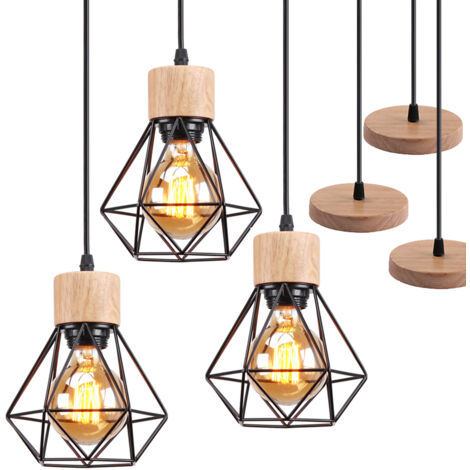 Lampada a Sospensione Vintage Interno, Lampada da Soffitto Legno Metallo E27 Gabbia Forma di Diamante per Salotto, Camera da Letto, Cucina - 3x Nero