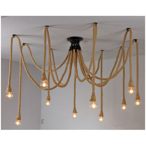 Lampada a Sospensione in Corda di Canapa Vintage Lampada da Soffitto con 10 Luci E27 200cm Regolabile per Soggiorno, Cucina, Bar, Caffè, Ristorante