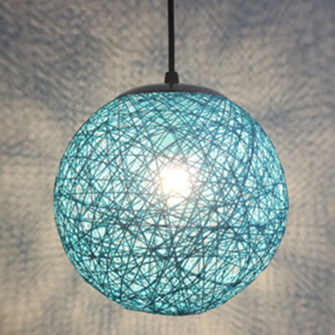 STOEX Lampadario a Sospensione Vintage in Rattan Sferico E27 DIY Lampada da Soffitto Retrò per Cameretta Soggiorno Sala da Pranzo -15cm (Blu)