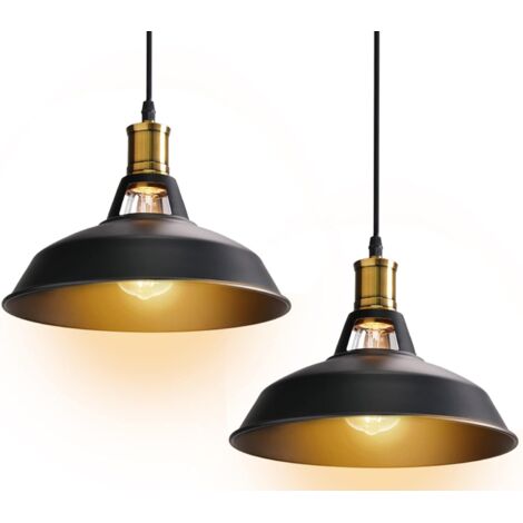 2 Pack Pendant Light Industrial Light Shade E27 Metal Hanging Lights for Bedroom Living Room Lounge Hall (Black)