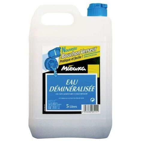 Eau déminéralisée 5 litres – Conductivité < 10 µS/cm – Pour fers à repasser et radiateurs – Eau non alimentaire – Mieuxa