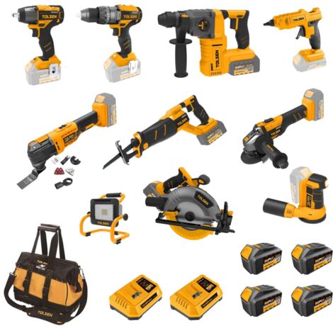 Tolsen Set di 11 Macchine Elettroutensili Serie MP20V Brushless + 4 Batterie 4Ah + 2 Caricabatterie 4 Ah
