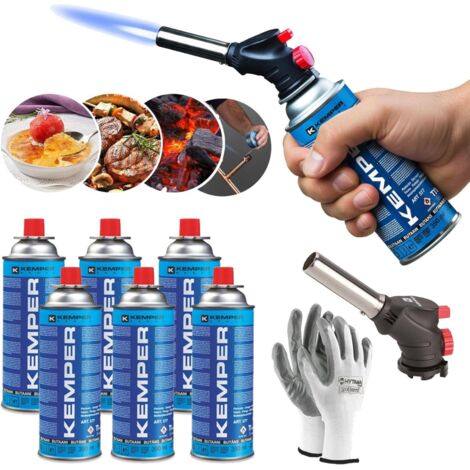 Kit Soplete de Gas Piezo con 6 Cartuchos Butano Kemper 190g + 1 Pares de Guantes de Regalo  Soldadura, Cocina, Camping, Reparaciones, Llama Ajustable, Encendido Facil, Portatil