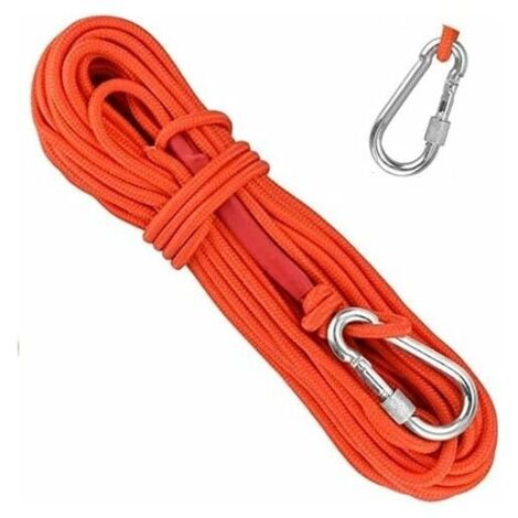 Geflochtenes Seil aus Polypropylen, Kletterseile, 20 m, mit Karabiner, UV-Schutz, Anti-Schimmel, Anti-Korrosion, multifunktional, für Angeln, Bergsteigen, Camping, Rettung, Wandern – Orange