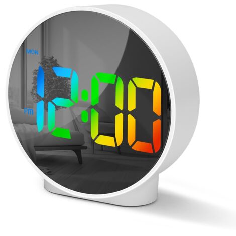 Digitaler Wecker mit gebogenem LED-Bildschirm, runder digitaler moderner Wecker mit 2 Alarmen, Schlummerfunktion, 12/24 Stunden, 4 einstellbare Helligkeiten für Schlafzimmer, Büro, Wohnzimmer, bunte Z