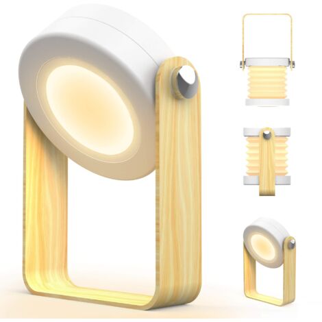 Kabellose Touch-LED-dimmbare Nachttischlampe, Vintage-Schreibtischlampe mit Holzgriff, 3 Helligkeitsstufen, tragbare, faltbare Touch-Tischlampe für Schlafzimmer