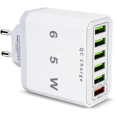 Mehrfach-USB-Ladegerät, 65 W, 6 Anschlüsse, USB-Schnellladegerät mit QC 3.0 Smart Fast Charger, universelles USBA-Netzteil-Ladegerät für 15 Pro Max 14 Plus 13 12 11 SE XR, iPad, Samsung