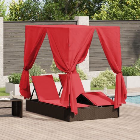 Chaise Longue Double Jeu de 2 Marron et Rouge Rattan et Polyester vidaXL