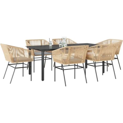 Ensemble à manger jardin coussins 7pcs marron poly rotin verre vidaXL