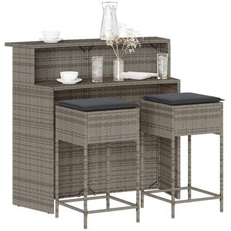 vidaXL 3 Piece Garden Bar Set with Cushions Grey Poly Rattan