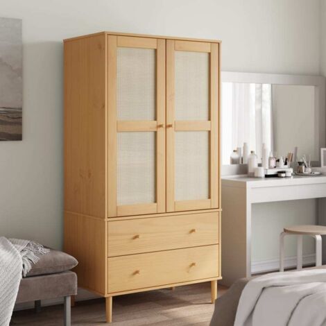 Vidaxl – Garde-robe SENJA en bois massif de pin avec finition vernis UV – 2 tiroirs – 4 compartiments – Dimensions 90 x 55 x 175 cm – Surface aspect rotin marron (1/6)