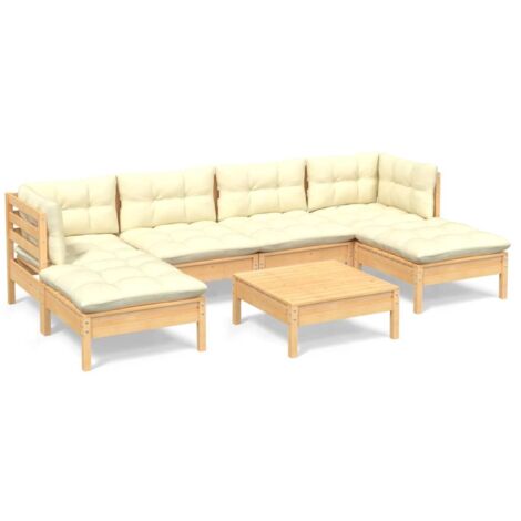 Salon de jardin 7 pcs avec coussins crème bois de pin vidaXL (1/5)