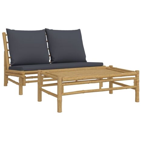 Vidaxl – Salon de jardin 2 pcs en bambou avec coussins gris foncé – Ensemble léger pour extérieur – Confort optimal avec dossier rembourré