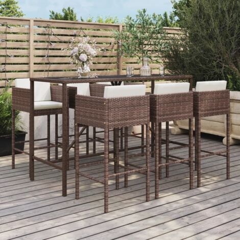 Vidaxl – Ensemble de bar de jardin 7 pcs – Résine tressée marron – Table 180x70x110 cm – Tabourets 50x48x100 cm avec coussins confortables