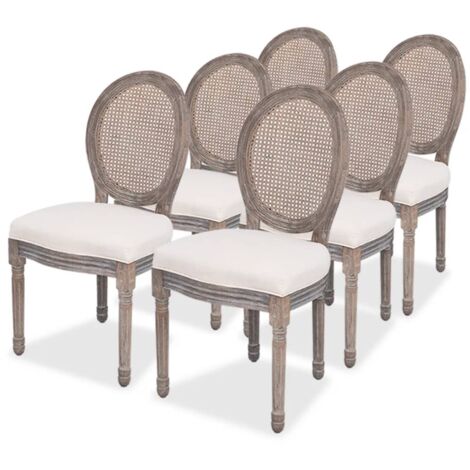 Vidaxl – Lot de 6 chaises à manger crème en lin – Cadre en bouleau et pieds en bois d'hévéa – Dossier en rotin – Hauteur d'assise 52,5 cm (1/5)