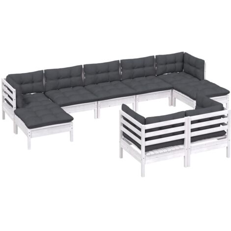 Salon de jardin 9 pcs avec coussins blanc bois de pin massif vidaXL (1/5)