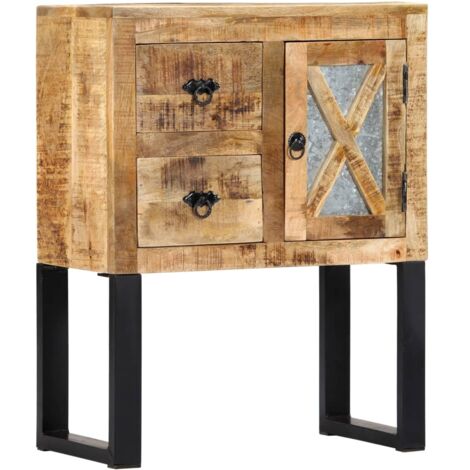 Vidaxl – Buffet en bois de manguier massif 60x30x76 cm – 1 porte et 2 tiroirs – Surface laquée et polie – Pieds en acier galvanisé (1/5)