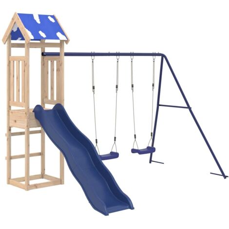 Vidaxl – Aire de jeux d'extérieur en bois de pin massif – Plateforme 90 cm – Toboggan ondulé – Double balançoire – Bac à sable – Pour enfants 3-8 ans (1/5)