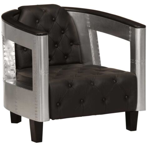Vidaxl – Fauteuil relax en cuir véritable noir – Accoudoirs en aluminium – Dimensions 73 x 67 x 69 cm – Design d'aviation élégant