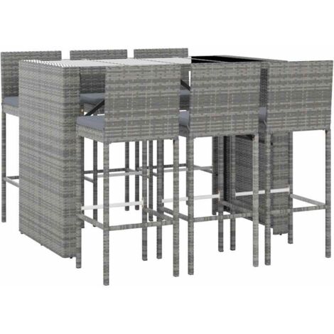 Vidaxl – Ensemble de bar de jardin 7 pcs – Résine tressée et acier enduit de poudre – Coussins gris confortables – Table 145x80cm et tabourets 40x44x108cm (1/6)