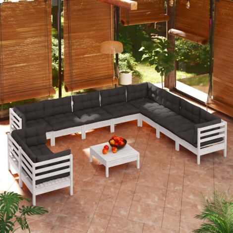 Salon de jardin 11 pcs avec coussins blanc bois de pin solide vidaXL (1/5)