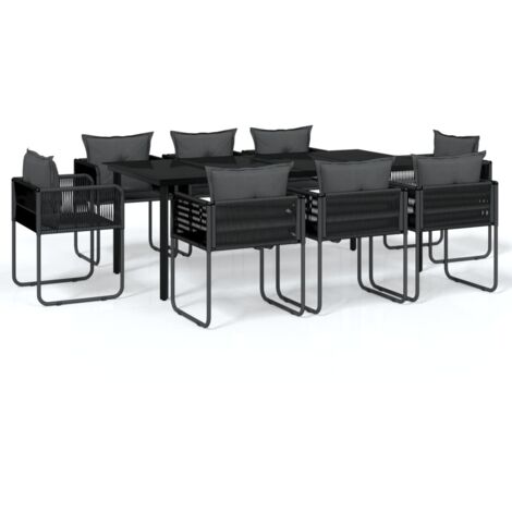 Vidaxl – Ensemble table et chaise de jardin 9 pcs – Acier enduit de poudre et verre trempé – Chaises en résine tressée avec coussins – Noir