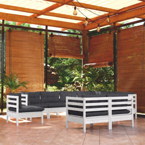 Salon de jardin 9 pcs avec coussins blanc bois de pin massif vidaXL (1/5)