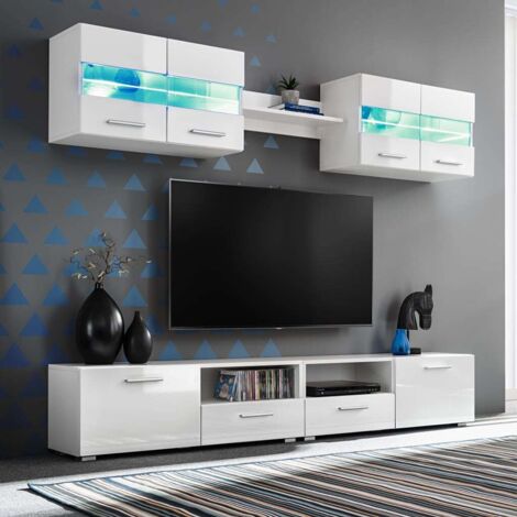 Vidaxl – Ensemble de meubles de salon 5 pcs – Bois d'ingénierie finition blanche brillante – Éclairage LED intégré – Armoires avec portes rabattantes