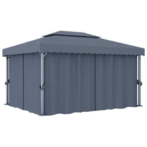 Vidaxl – Tonnelle avec rideau 4x3 m – Aluminium anthracite – Toit à deux étages – Protection contre UV et pluie – Assemblage facile (1/6)