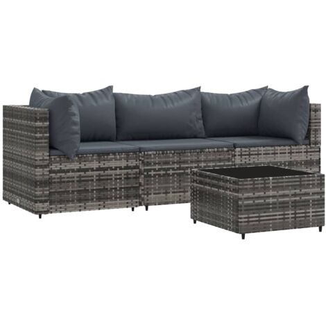 Salon de jardin 4 pcs avec coussins Gris Résine tressée vidaXL (1/6)