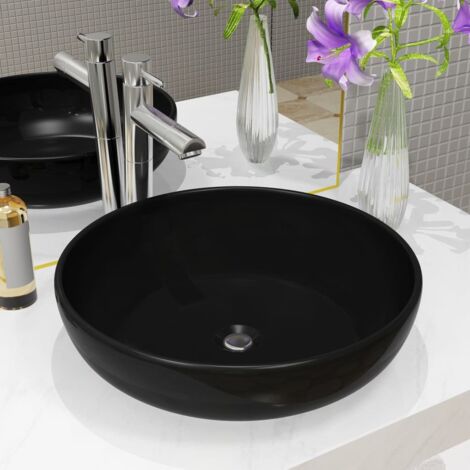 Vidaxl – Lavabo rond en céramique noire 42 cm – Installation au-dessus du comptoir – Diamètre trou de vidange 4,5 cm – Facile à nettoyer