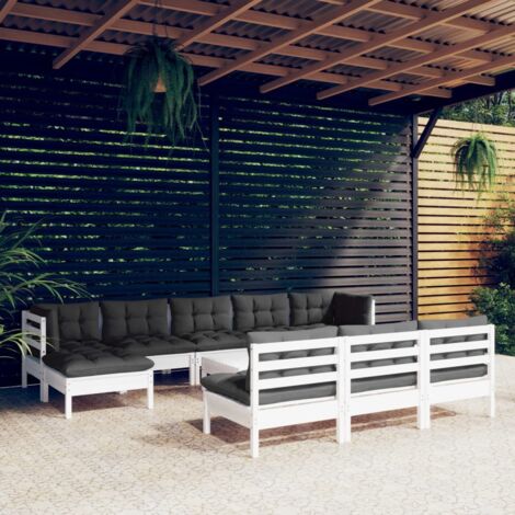 Salon de jardin 11 pcs avec coussins blanc bois de pin vidaXL (1/5)
