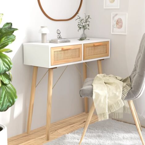 Vidaxl – Table console blanche 80x30x75 cm – Bois massif de pin et rotin naturel – 2 tiroirs – Design scandinave