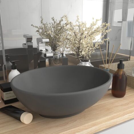 Vidaxl – Vasque suspendue ovale en céramique 40x33 cm – Surface mate gris foncé – Design moderne pour salle de bain (1/6)