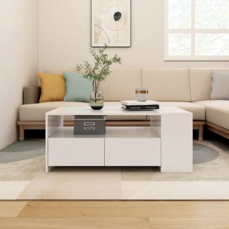 Vidaxl – Table basse fixe blanche 102x55x42 cm – Bois d'ingénierie – Grand espace de rangement avec étagère et tiroirs – Surface facile à nettoyer