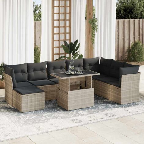 Vidaxl – Salon de jardin 9 pcs – Résine tressée gris clair – Coussins amovibles – Table réglable 100x55cm – Rangement sous les sièges (1/5)