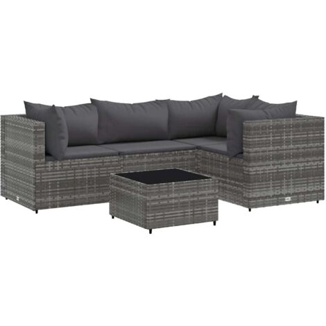 Vidaxl – Salon de jardin 5 pcs – Résine tressée gris – Coussins épais – Cadre acier résistant aux intempéries – Table avec verre trempé (1/6)
